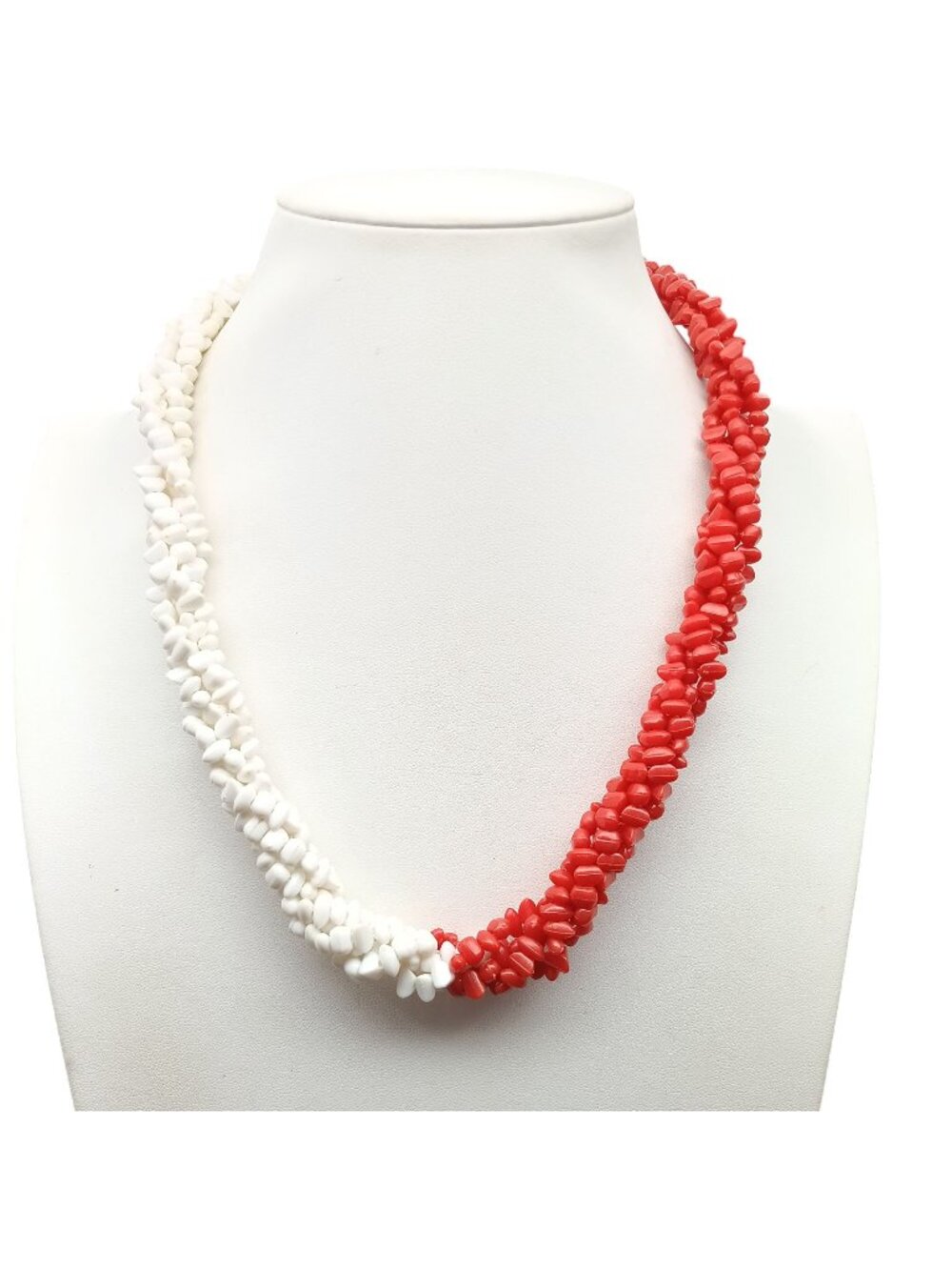 Red & White Twisted Beaded Necklace Vintage Statement Jewelry